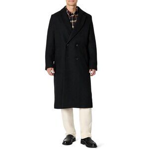 Men's Black Relaxed-fit Double Breasted Imported Wool Blend Long Line Topcoat